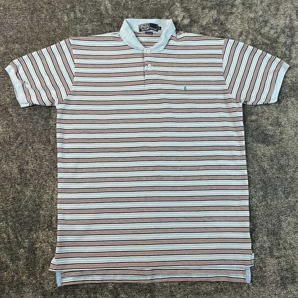 Vintage Polo Ralph Lauren Shirt Mens Large Blue Red Striped Preppy Fine Cotton